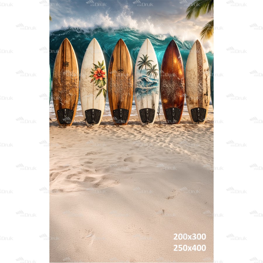 Tło fotograficzne „Deski surfingowe na plaży z falą oceanu” | 4050